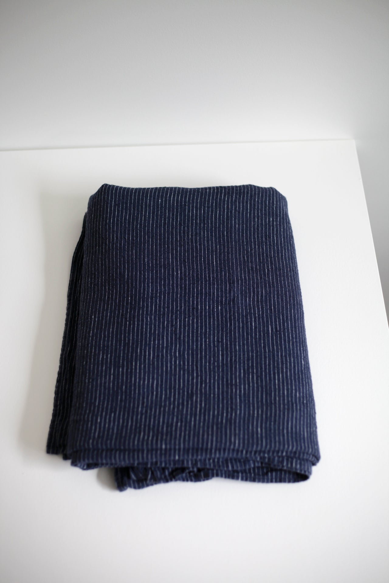 Washed Linen Tablecloth Navy Pinstripe