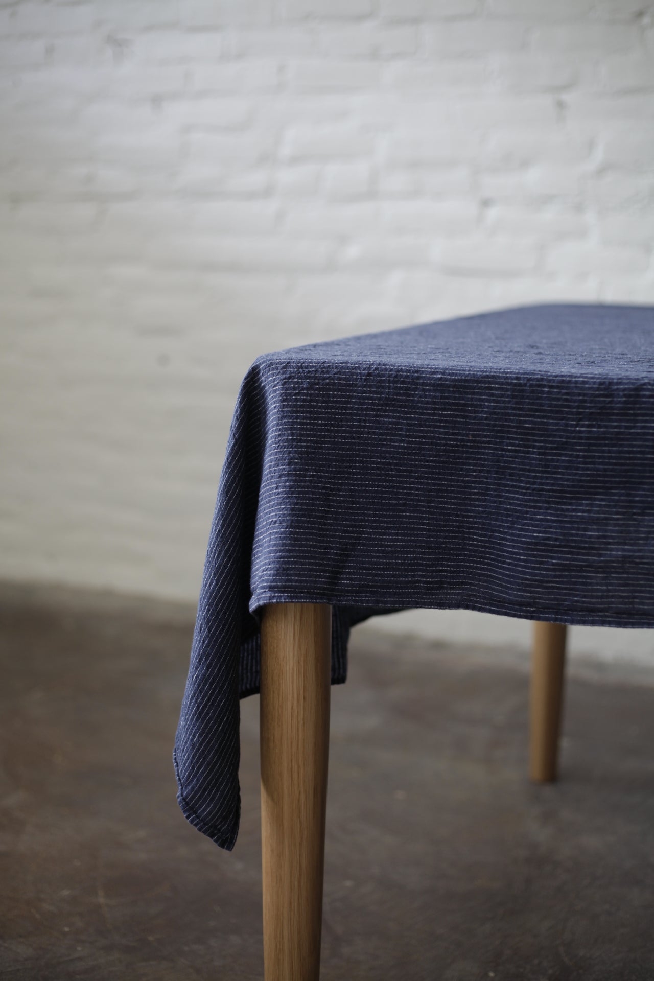 Washed Linen Tablecloth Navy Pinstripe