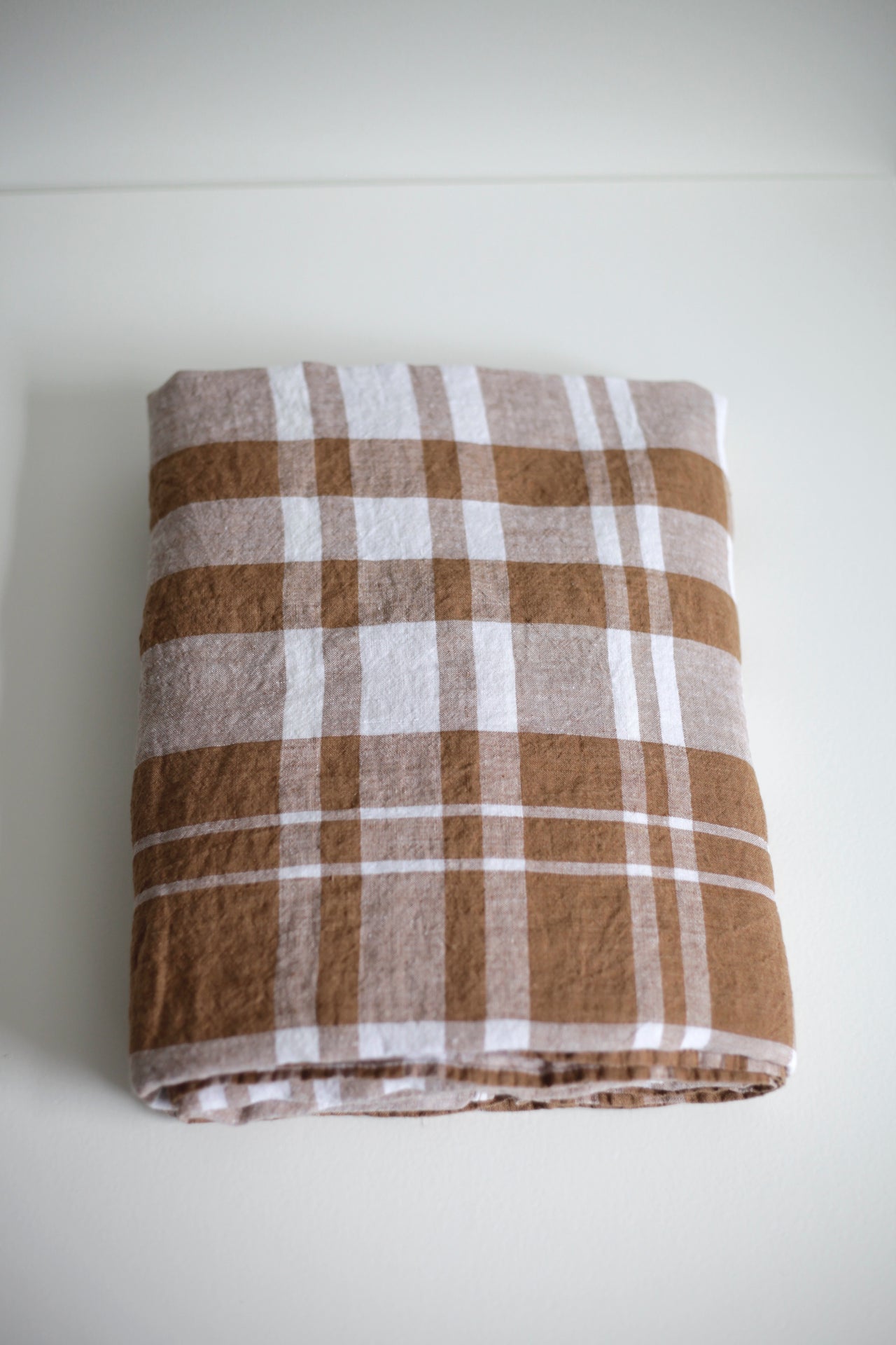 Washed Linen Tablecloth Coffee Checked